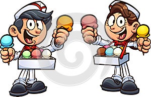 Boy and girl selling ice cream in retro usher uniform