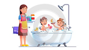 Boy and girl siblings family bathing playing games