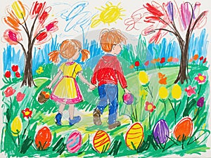 boy and girl siblings walk in springtime park with easter eggs in grass kids drawing