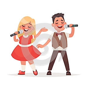 Boy and a girl sing a song into a microphone. Children`s musical