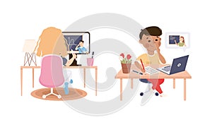 Boy and girl sitting behind desk studying online using computers set. Homeschooling, e-learning cartoon vector