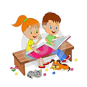 Boy and girl sitting on the bench and reading