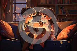 A boy and a girl are sitting on the couch reading a book