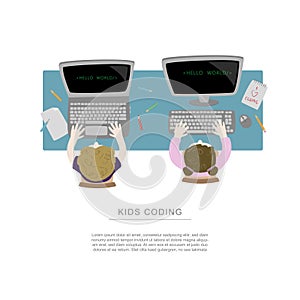 Boy and girl sitting at a desk and coding with their computers. Topview workspace vector illustration with space for