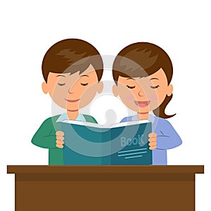 Boy and girl sitting at the desk reading a book.