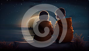 boy and girl sitting in moon background