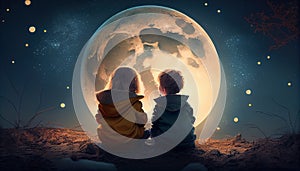 boy and girl sitting in moon background