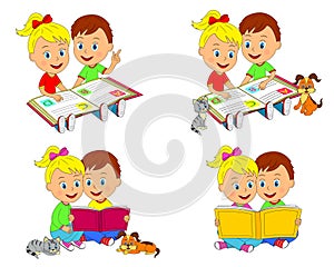 Boy and girl are sitting and reading a book