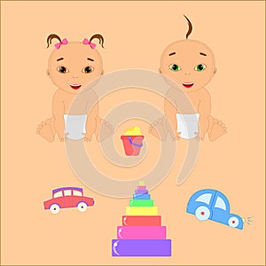 Boy and girl sitting with toys. Babies playing with toy cars, the pyramid and the sand