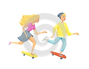 Boy and girl on a skateboard. watercolor illustration. Extreme sports. man and woman ride on a longboard