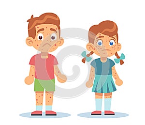 Boy and girl with skin problems, with rashes all over their bodies. Chickenpox, measles and atopic dermatitis