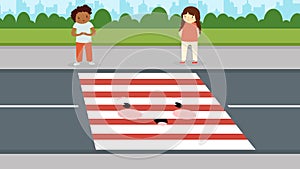 A boy and a girl are standing at a crosswalk with block red stripes
