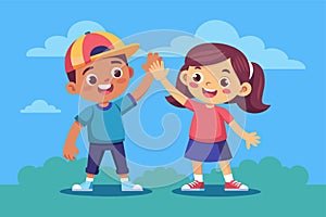 A boy and a girl are standing in the grass outdoors, Kids high five Customizable Cartoon Illustration