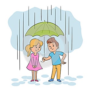 Boy and girl standing under umbrella during rain