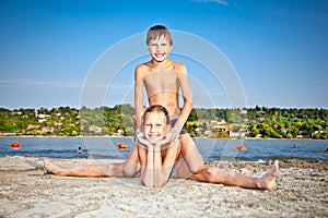 Boy and Girl on Strand beach in Novi Sad, Serbia.