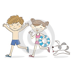 Boy and girl in suimsuits running together with dog