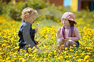 Boy and girl in summer flowers field