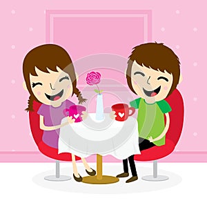 Boy and girl sweetheart meeting at shop cute cartoon vector