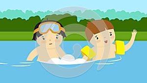 Boy and girl swimming in a lake.