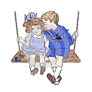 Boy and girl on swing.