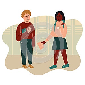 Boy and girl talking to each other. Pupils of elementary school communicating. Flat vector illustration. Back to school concept