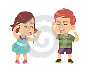 Boy and girl teasing each other. Naughty preschooler show tongue, happy children funny games, bad manners kids conflict