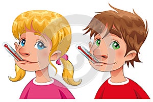 Boy and girl with thermometer.