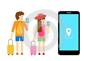 Boy and girl traveller use mobile app, vector art