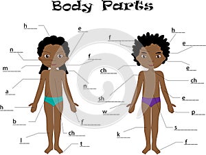 Boy and girl unclothed. Body parts, anatomy