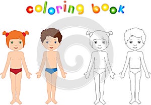 Boy and girl unclothed. Educational coloring book for kids