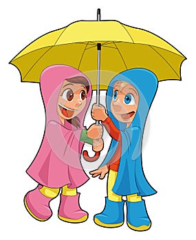 Boy and girl under the umbrella.