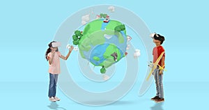 Boy and girl using virtual reality headset with digitally generated travel icons 4k