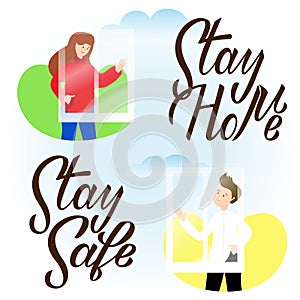 Boy and girl waving hands to each other in windows. Stay home stay safe hand drawn lettering. Corona virus, covid-19 concept. Safe