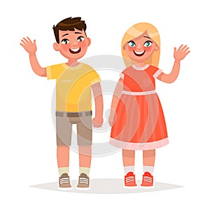 Boy and girl are waving hands. Vector illustration