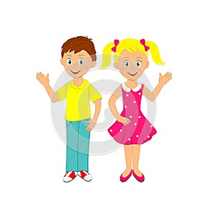 Boy and girl waving their hand