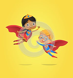 Boy and African American Girl, wearing costumes of superheroes fly. Cartoon vector characters of Kid Superheroes photo