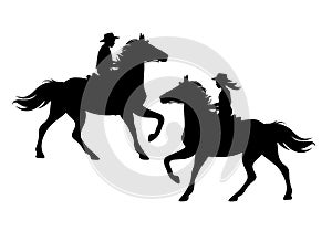 Boy and girl wearing cowboy hat riding running horse black vector silhouette