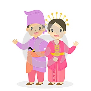 Boy and Girl Wearing Indonesian, Riau Traditional Dress Cartoon Vector