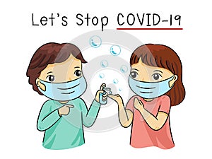 Boy and girl  wearing medical masks and washing their hands to protect against Covid-19, vector illustration