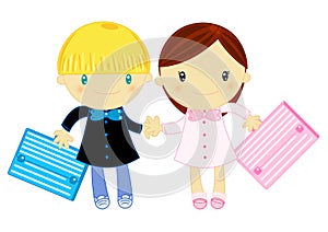 Boy and girl wearing primary school pinafore photo