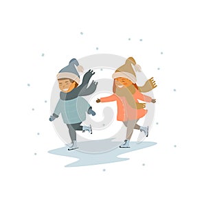 boy and girl winter ice figure skating on ice rink vector illustration scene