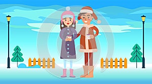 Boy and Girl in Winter Park Vector Illustration