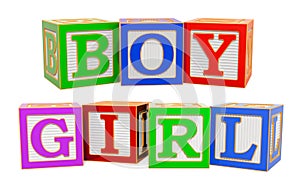 Boy and girl words from ABC alphabet wooden blocks, 3D rendering