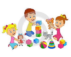 Boy and girsl are playing with toys