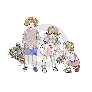 Boy gives flower to girl.