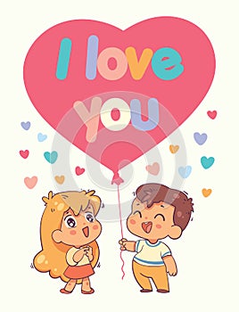 Boy gives girl a big balloon in the shape of a heart. I love you. Greeting card template