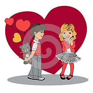 Boy gives a girl a gift.Valentine`s Day