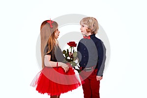 The boy gives the girl a rose gift