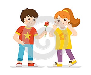 Boy giving a rose to a girl. Couple propose with flower. Couple on romantic date.