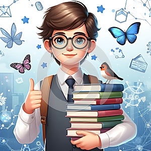 Boy with glasses holding a stack of books world book day,Image is generated with the use of an AI